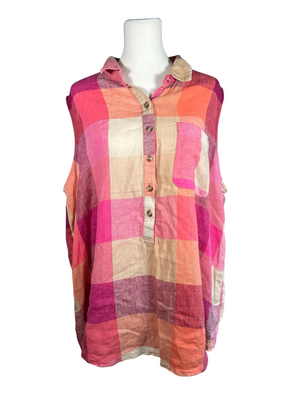 Sunset Sherbet Twee Neo Nostalgia Plaid Linen Henley Tunic Top Size XXL